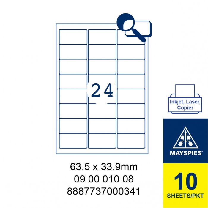 MAYSPIES 09 00 010 08 LABEL FOR INKJET / LASER / COPIER 10 SHEETS/PKT WHITE 63.5 X 33.9MM